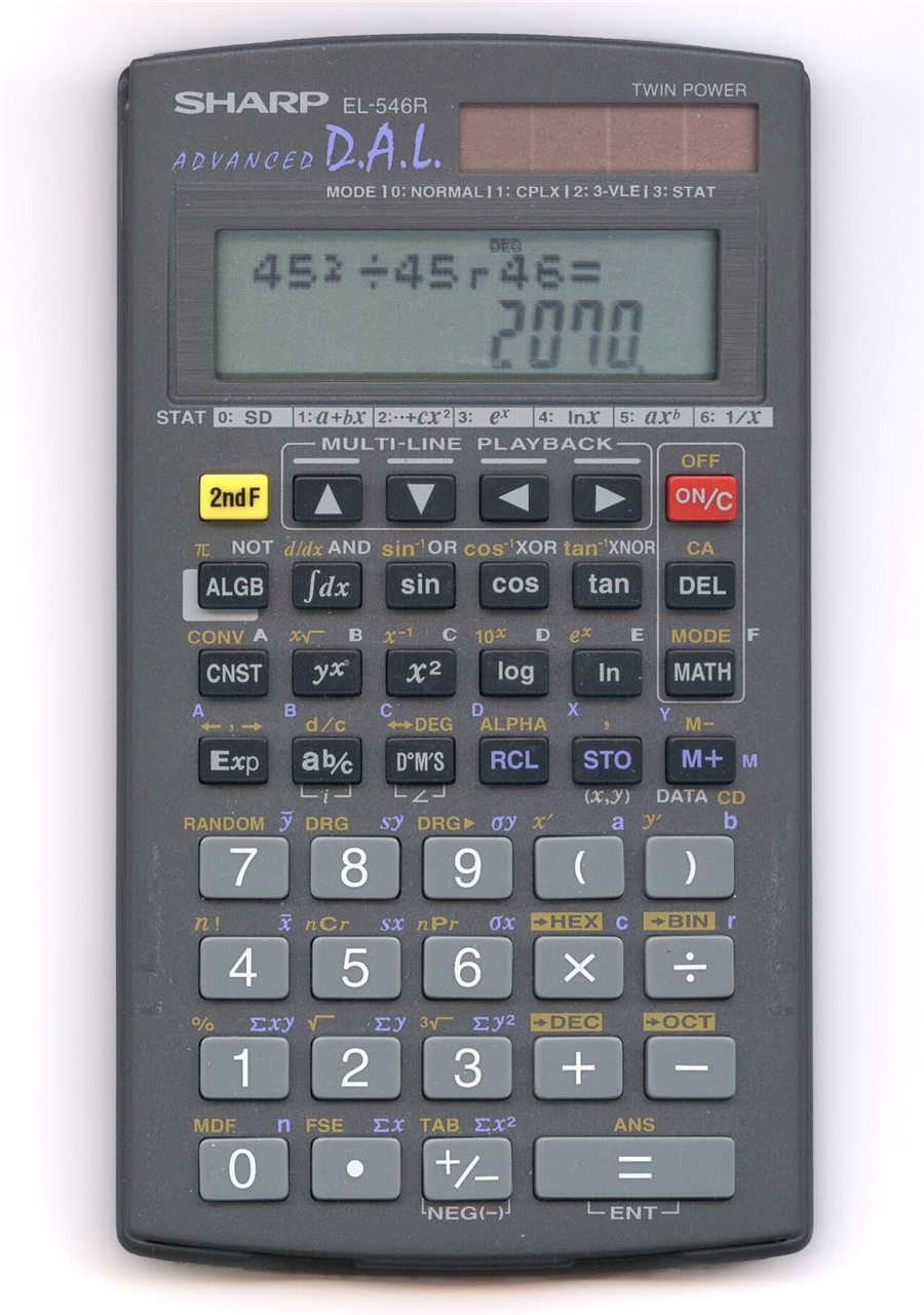 A scientific calculator on a plain surface