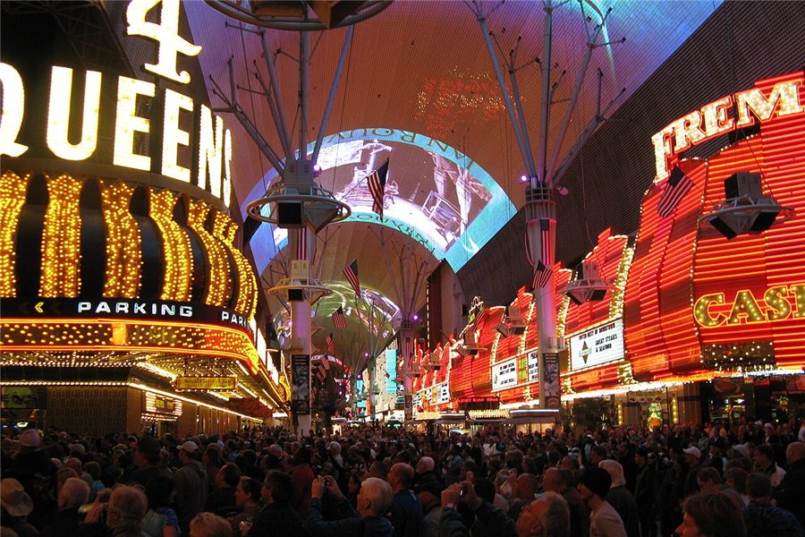 The Fremont Street Experience canopy lit at night